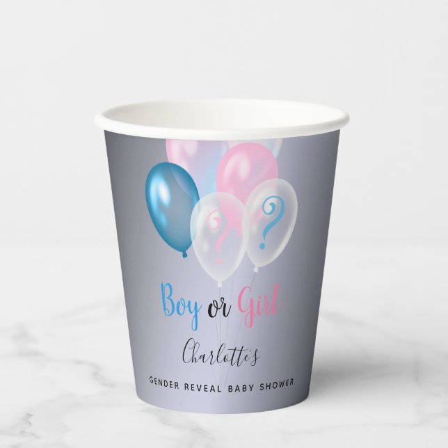 Gender reveal baby shower blue pink silver paper cups (Front)