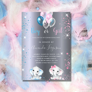 Gender reveal baby shower elephant silver glitter invitation postcard