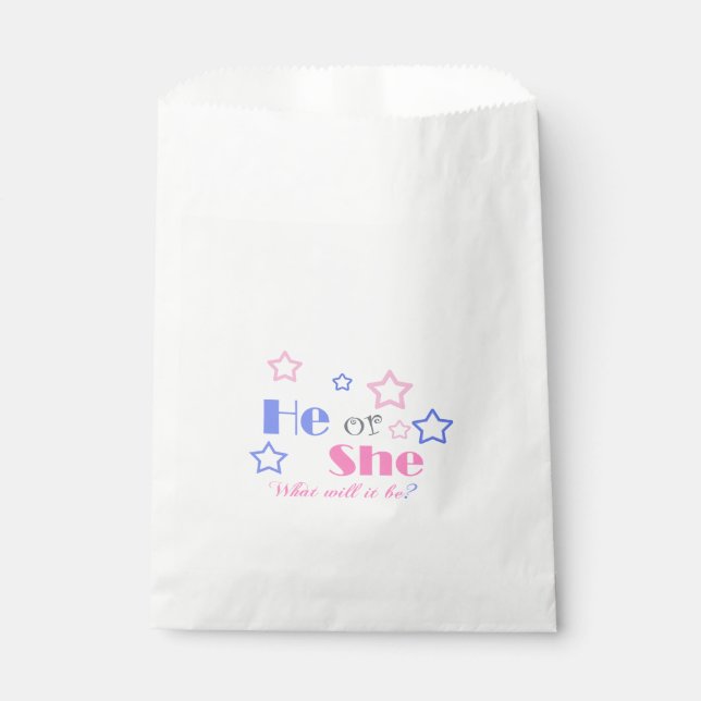 Gender reveal baby shower he or she baby shower favour bag (Front)