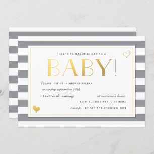 Gender Reveal Baby Shower in Grey & Faux Gold Invitation