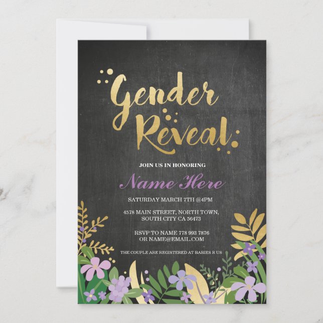 Gender Reveal Baby Shower Invite Gold Purple Black (Front)