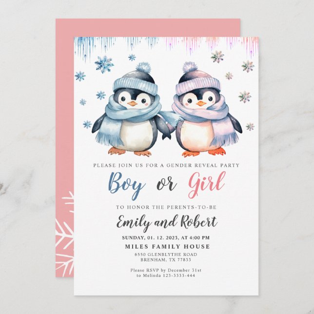 Gender Reveal Baby Shower Penguin Invitation (Front/Back)