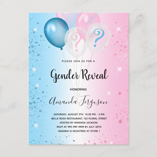 Gender reveal baby shower pink blue boy girl invitation postcard (Front)
