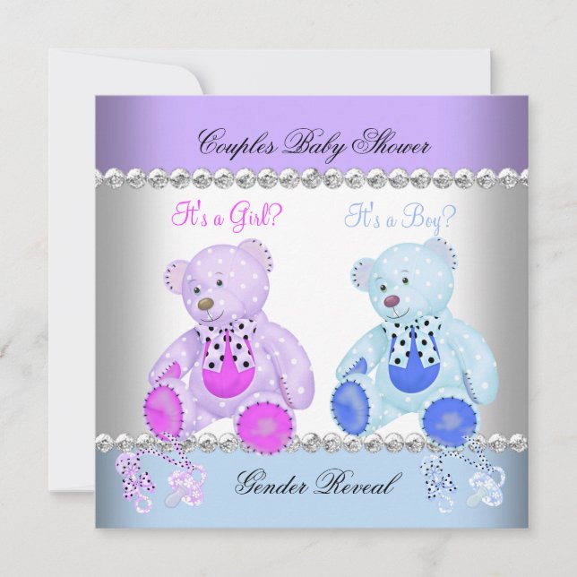 Gender Reveal Baby Shower Purple Blue Teddy Bears Invitation (Front)