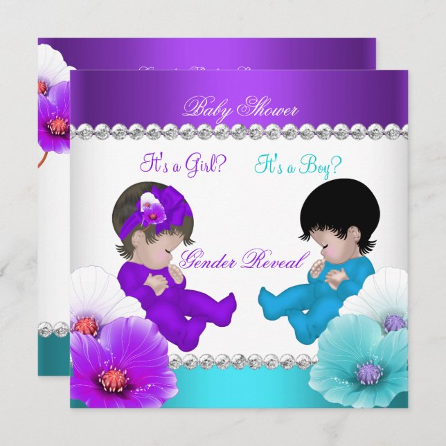 Gender Reveal Baby Shower Purple Teal Blue Br Invitation (Front/Back)