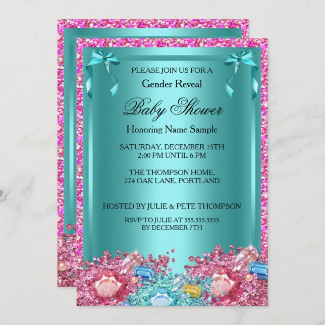 Gender Reveal Baby Shower Teal Pink Crystals 2 Invitation (Front/Back)