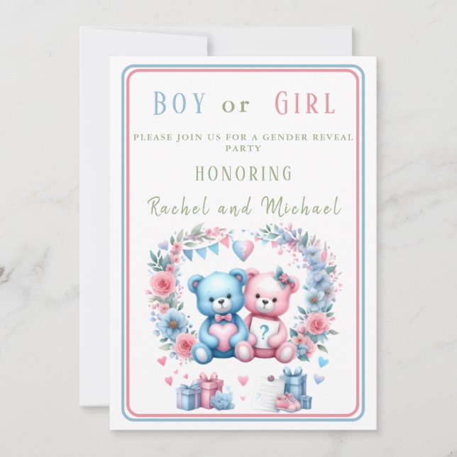 Gender reveal baby shower Teddy Bear blue pink 3 - Invitation (Front)