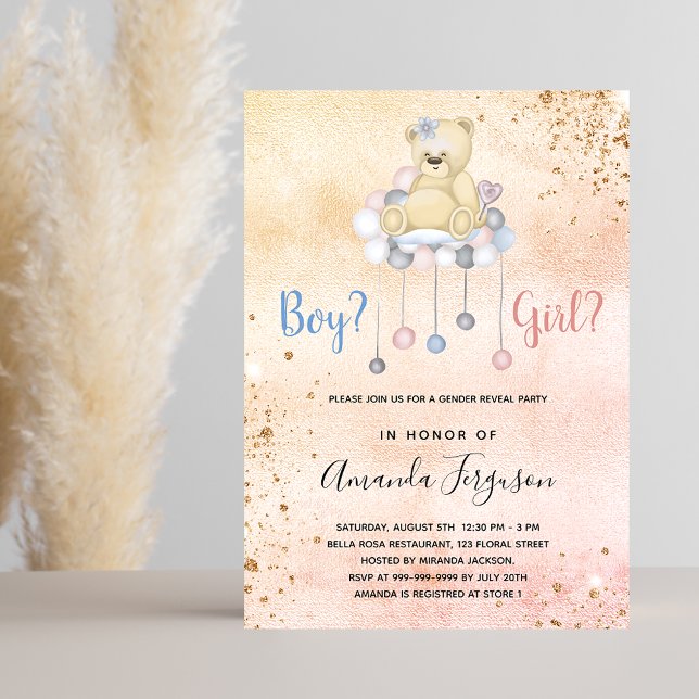 Gender reveal baby shower teddy bear boy girl invitation (Creator Uploaded)