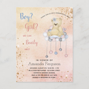 Gender reveal baby shower teddy bear boy girl invitation postcard