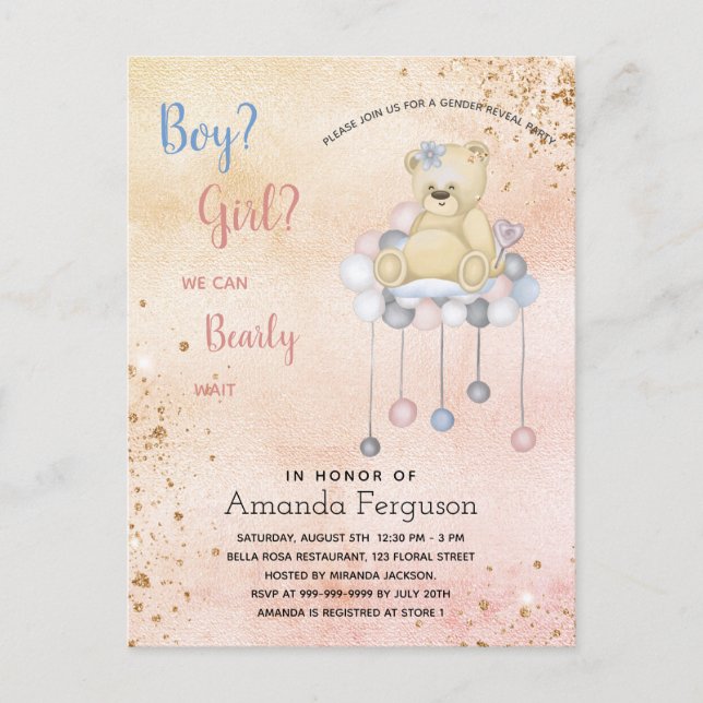 Gender reveal baby shower teddy bear boy girl invitation postcard (Front)