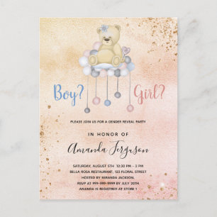 Gender reveal baby shower teddy bear boy girl invitation postcard