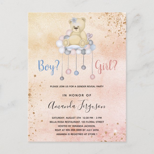 Gender reveal baby shower teddy bear boy girl invitation postcard (Front)