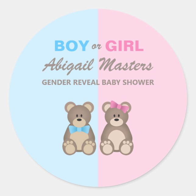 Gender Reveal Baby Shower Teddy Bears Classic Round Sticker (Front)