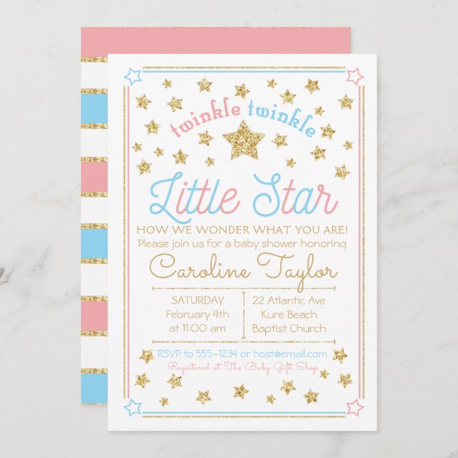 Gender Reveal Baby Shower Twinkle Little Star Invitation (Front/Back)