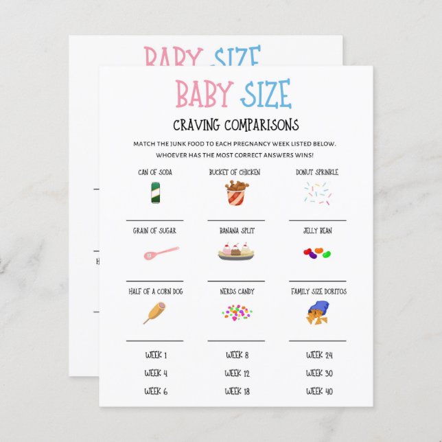 Gender Reveal Baby Size Craving Comparisons Game  (Front/Back)