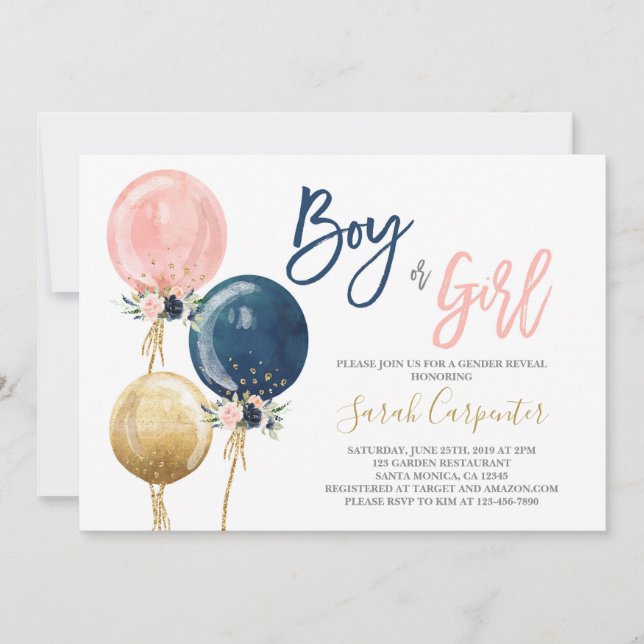 Gender reveal balloons invitation (Front)