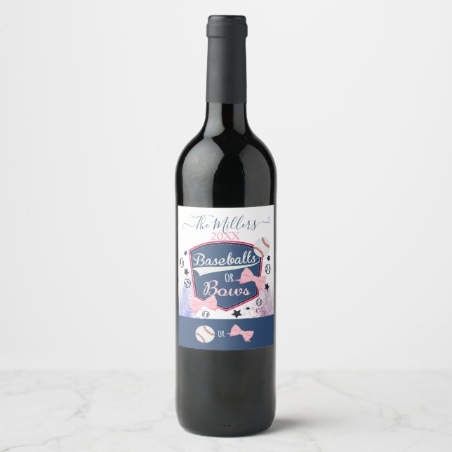 GENDER REVEAL BASEBALLS OR BOWS WINE LABEL (Front)