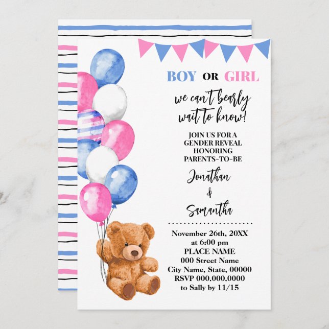 Gender Reveal Bear Pink and Blue Balloons Invitation (Front/Back)