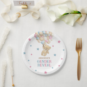Gender Reveal Bear Pink Blue Modern Paper Plate
