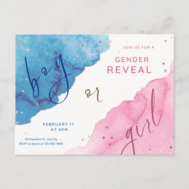 gender reveal, blue or pink, he or she, postcard (Front)