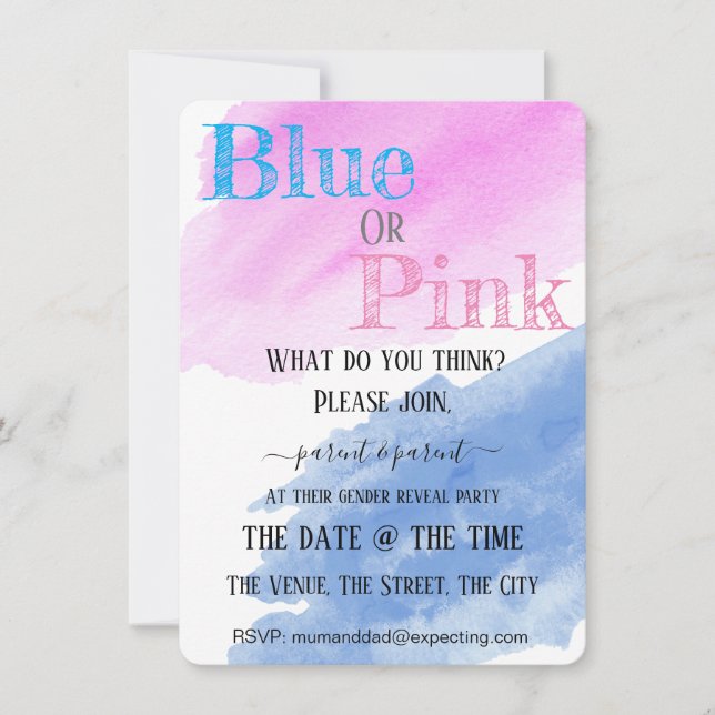 Gender Reveal Blue Or Pink Watercolor Party Invitation (Front)