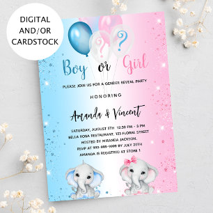 Gender reveal blue pink boy girl elephants invitation