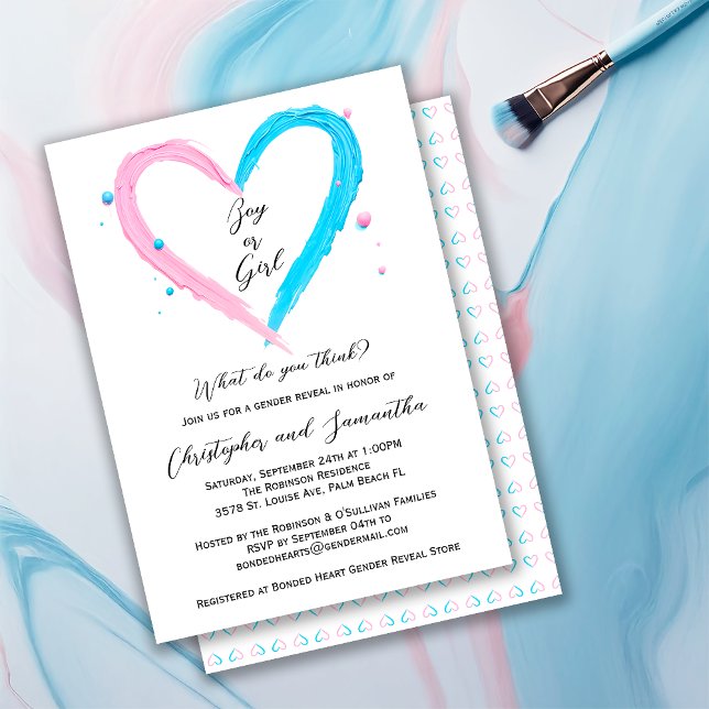 Gender Reveal Blue Pink Heart Baby Shower Invitation (Creator Uploaded)