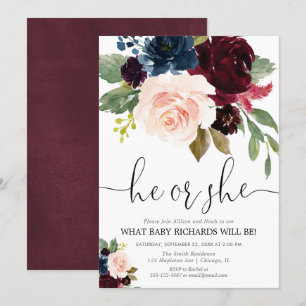 Gender reveal blush burgundy navy blue fall floral invitation