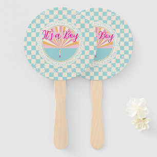 Gender Reveal, Boy, Blue plaid checkered Hand Fan