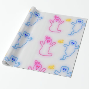 Gender Reveal Boy Girl Pink Blue Grey Cute Ghost Wrapping Paper