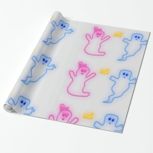Gender Reveal Boy Girl Pink Blue Grey Cute Ghost Wrapping Paper (Unrolled)