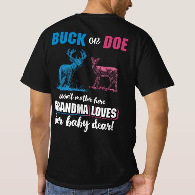 Gender Reveal Buck or Doe Party Grandma T-Shirt (Back)