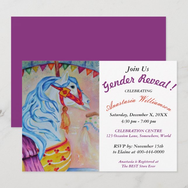 GENDER REVEAL COLORFUL CAROUSEL HORSE PARTY INVITE (Front/Back)