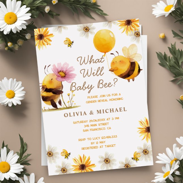 Gender Reveal Cute Yellow Bee Daisy  Invitation (Creator Uploaded)