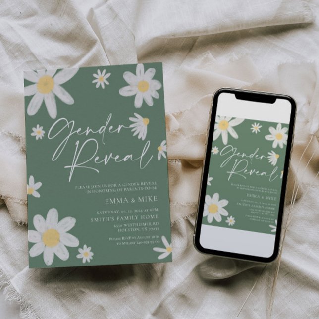 Gender Reveal Daisy Sage Green Invitation (Creator Uploaded)