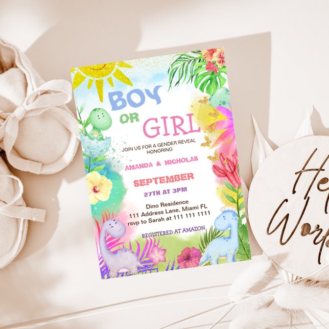 Gender Reveal Dino Floral Glitter Invitation (Creator Uploaded)