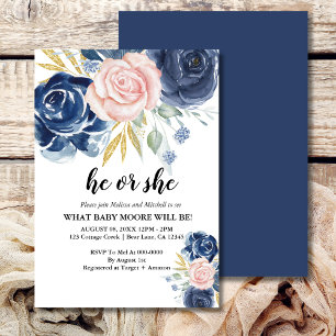 Gender reveal elegant floral navy blue blush pink  invitation