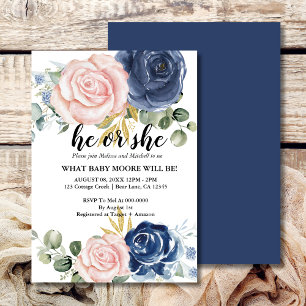 Gender reveal elegant floral navy blue blush pink  invitation