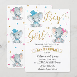 Gender Reveal Elephant Baby Boy or Baby Girl Gold Invitation