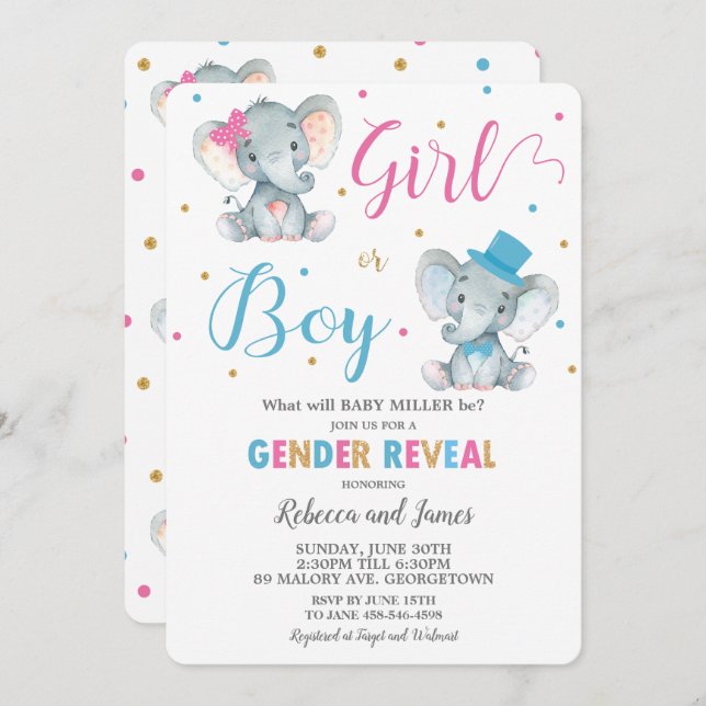 Gender Reveal Elephant Baby Boy or Baby Girl Invitation (Front/Back)