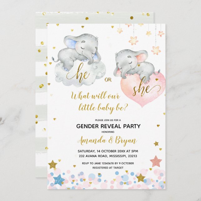 Gender Reveal Elephant Baby Shower Invitation (Front/Back)