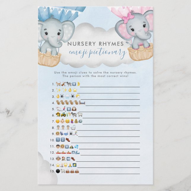 Gender Reveal Elephant Balloon Baby Shower Bingo (Front)