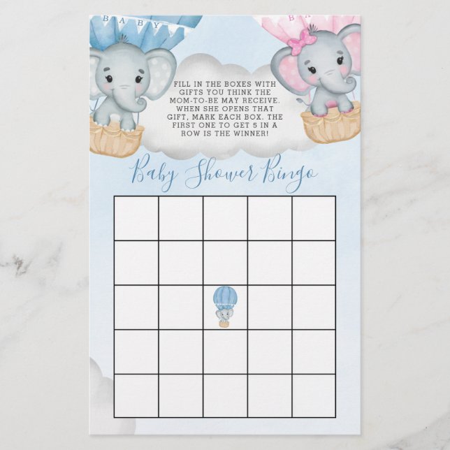 Gender Reveal Elephant Balloon Baby Shower Bingo (Front)