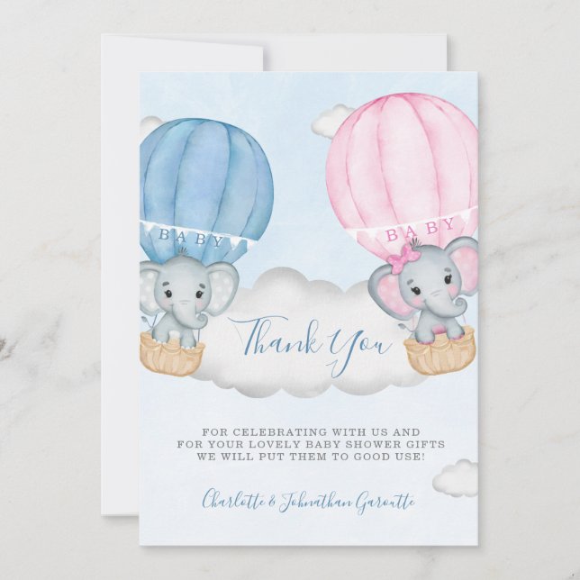 Gender Reveal Elephant Balloon Baby Shower Thank You Card (Front)