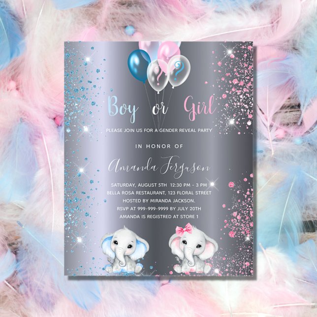 Gender reveal elephants silver budget invitation flyer (Creator Uploaded)