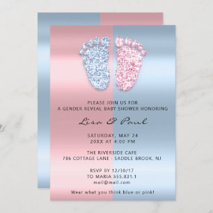 Gender Reveal Feet Glitter Pink Blue Baby Boy Girl Invitation