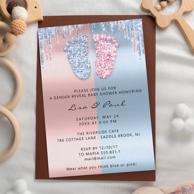 Gender Reveal Feet Glitter Pink Blue Baby Boy Girl Invitation (Gender Reveal Feet Glitter Pink Blue Baby Boy Girl Invitation)