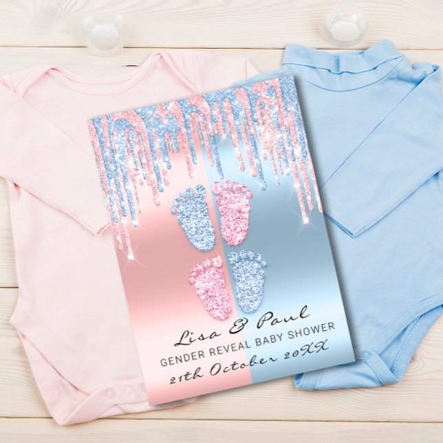 Gender Reveal Feet Glitter Pink Blue Baby Twins Invitation (Creator Uploaded)