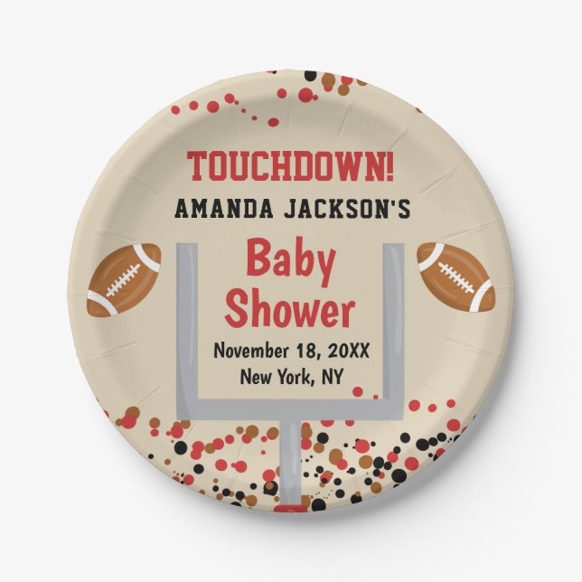 Gender Reveal Football Baby Boy Shower Touchdown Paper Plate (Front)