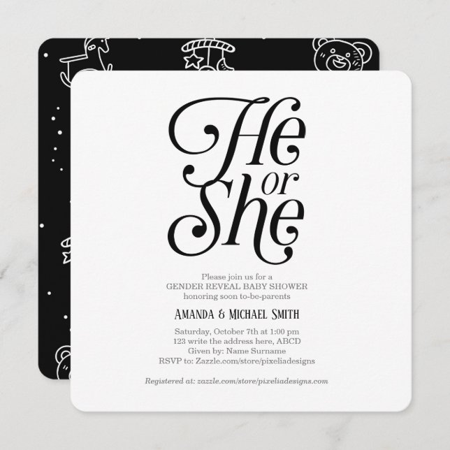 Gender Reveal, Gender Neutral, Modern, He or She Invitation (Front/Back)